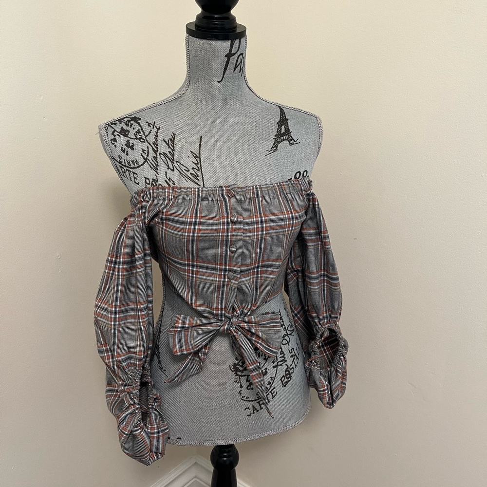 L’Atiste Plaid Off Shoulder Crop Top with Puff Sleeves, S